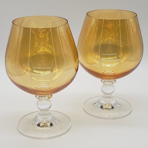 Set of 2 Iridescent Amber Glass 6" Brandy Snifters - Picture 1 of 10